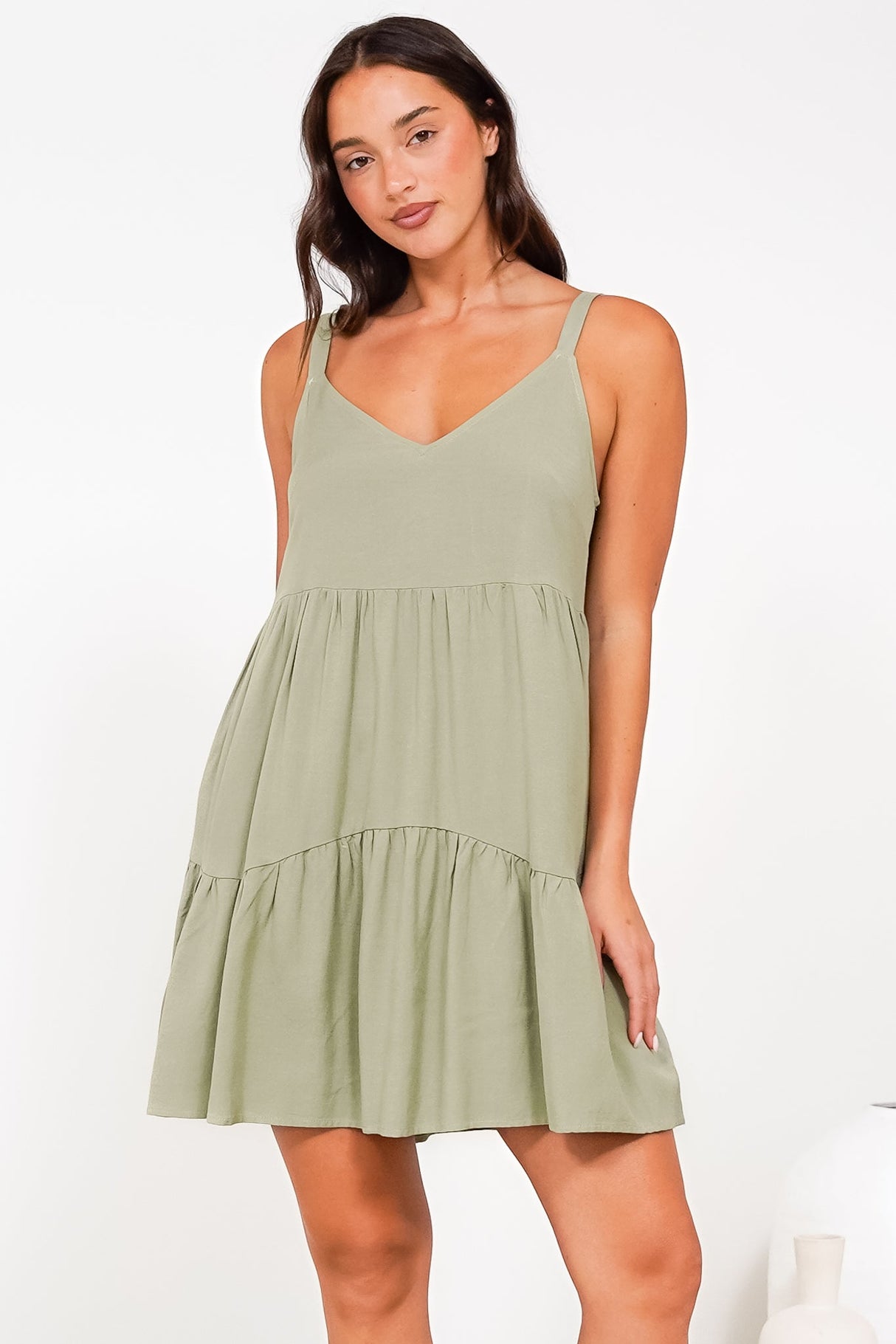 Missy Mini Dress - Thick Adjustable Strap Tiered Sun Dress in Sage