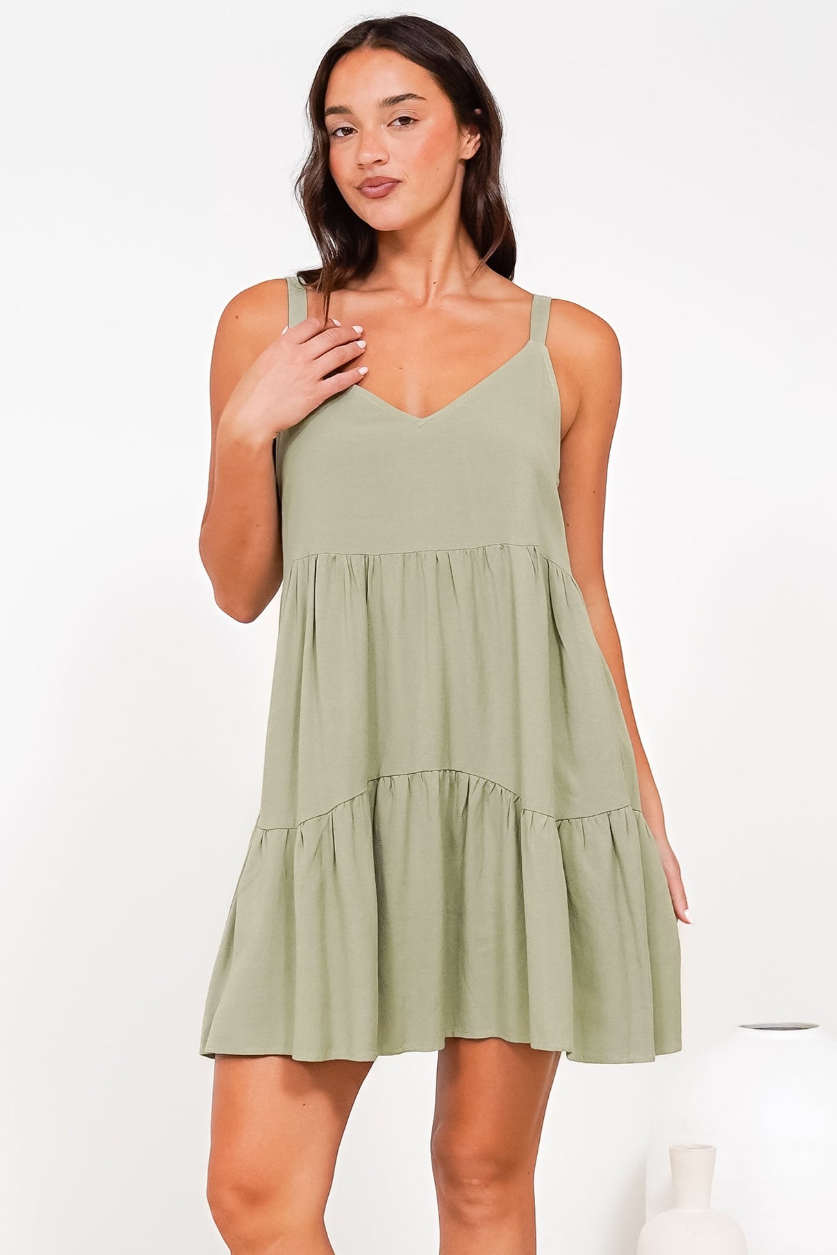 Missy Mini Dress - Thick Adjustable Strap Tiered Sun Dress in Sage