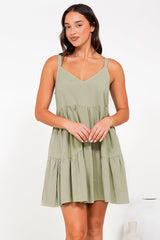 Missy Mini Dress - Thick Adjustable Strap Tiered Sun Dress in Sage