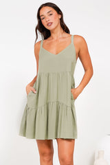 Missy Mini Dress - Thick Adjustable Strap Tiered Sun Dress in Sage