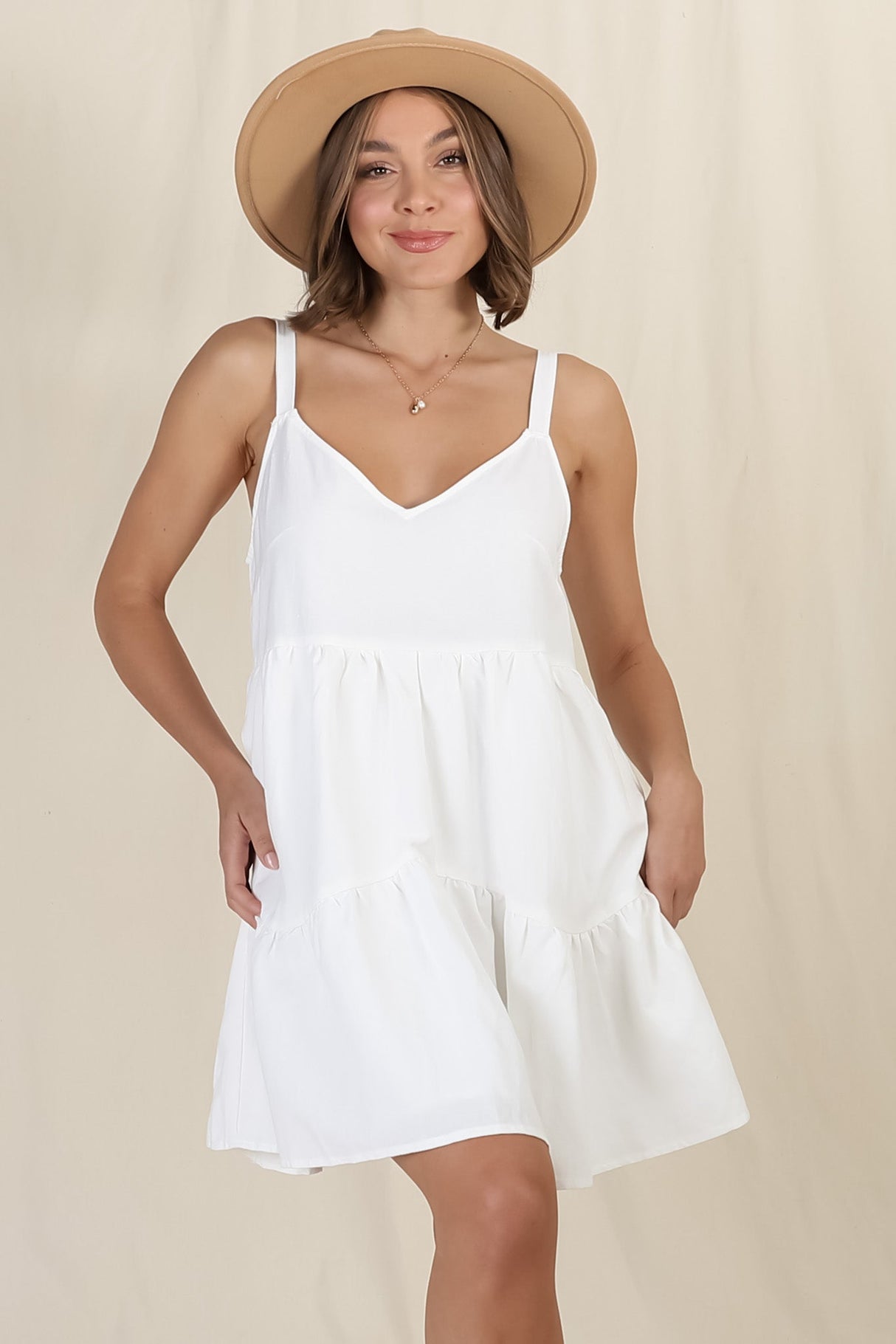 Missy Mini Dress - Thick Adjustable Strap Tiered Sun Dress in White