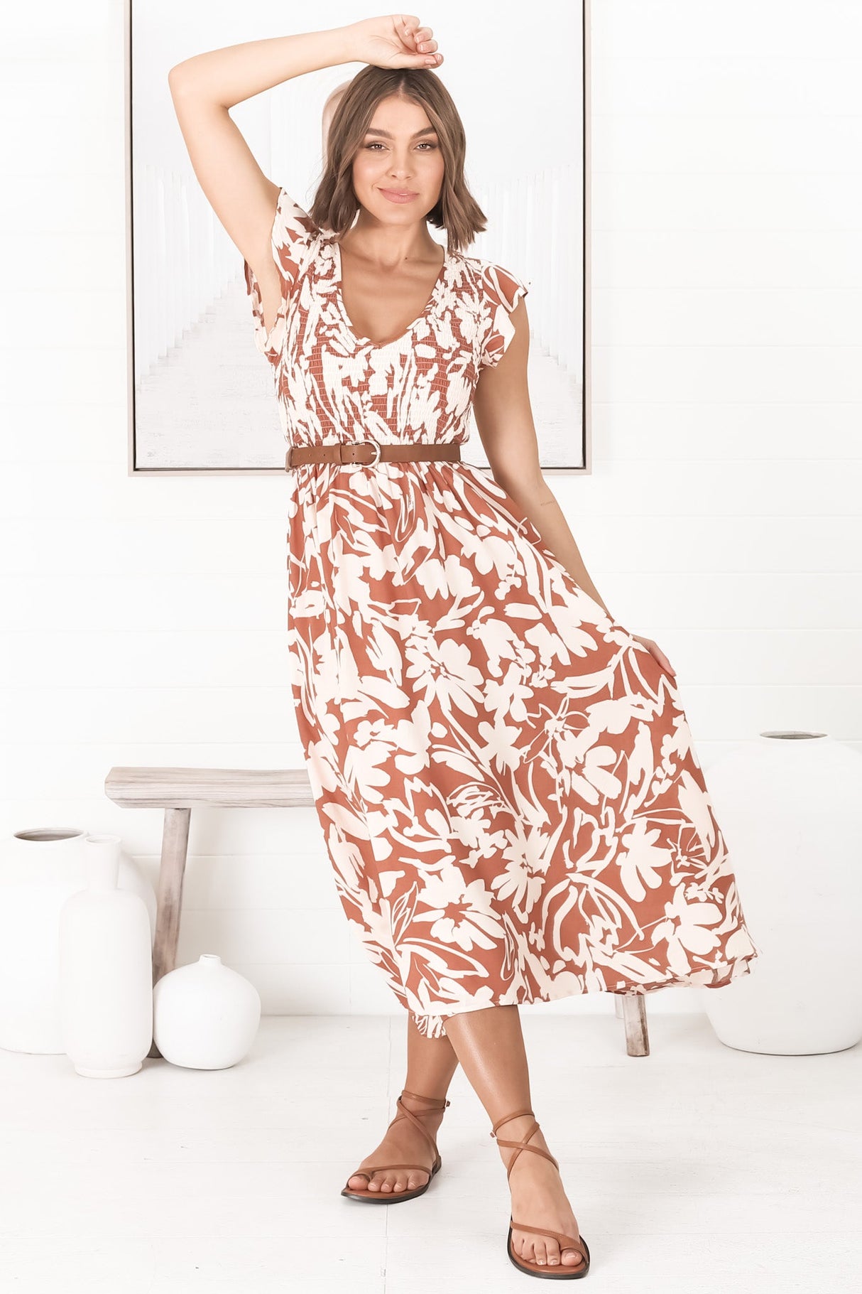 Mistee Midi Dress - Flutter Cap Sleeve Elasticated Bodice A Line Dress in Charis Print Rust