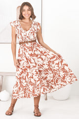 Mistee Midi Dress - Flutter Cap Sleeve Elasticated Bodice A Line Dress in Charis Print Rust