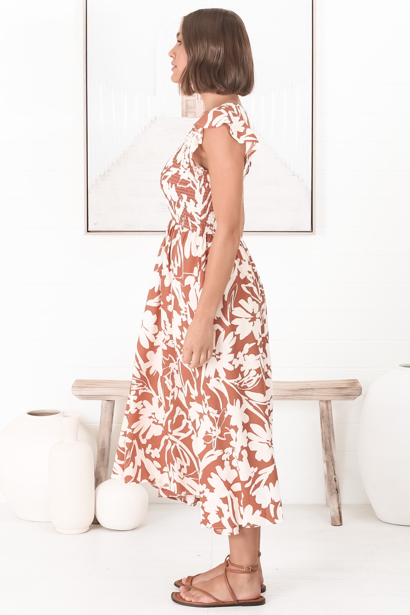 Mistee Midi Dress - Flutter Cap Sleeve Elasticated Bodice A Line Dress in Charis Print Rust