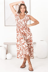 Mistee Midi Dress - Flutter Cap Sleeve Elasticated Bodice A Line Dress in Charis Print Rust