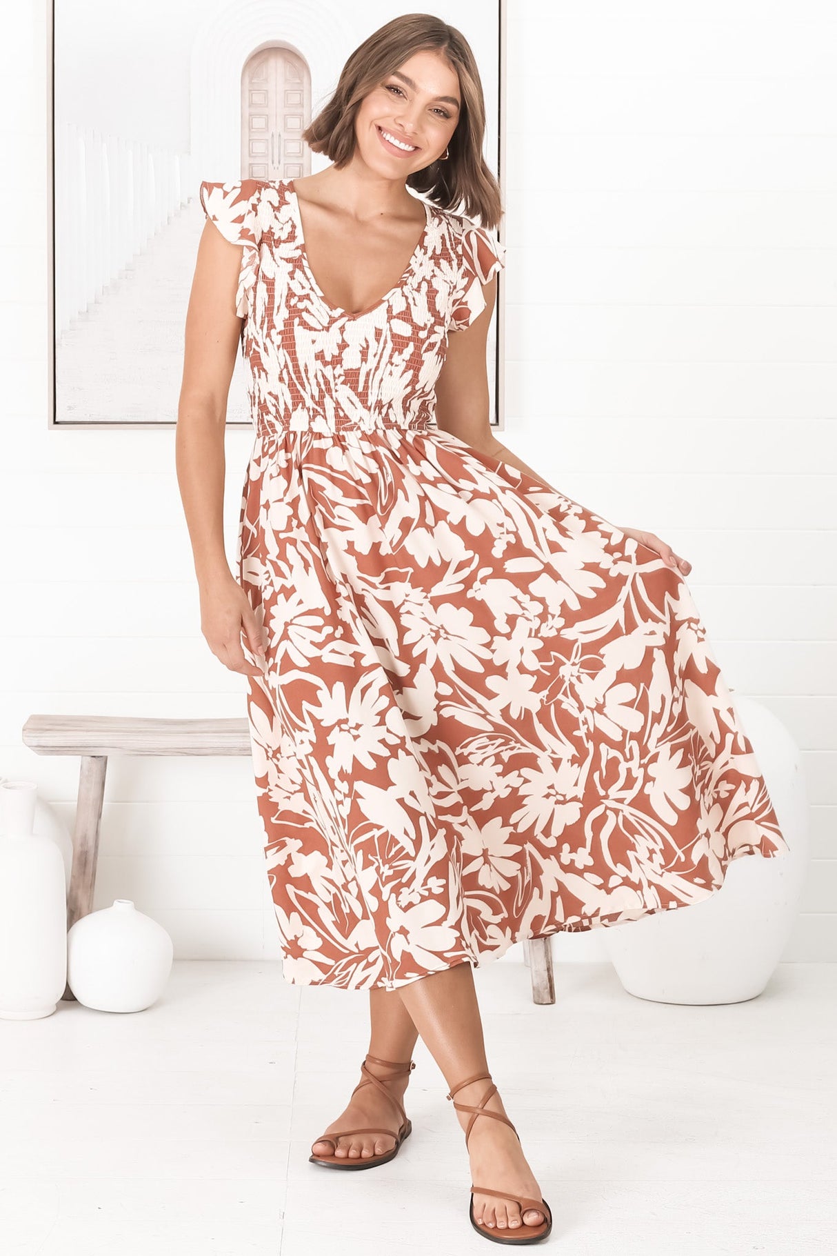 Mistee Midi Dress - Flutter Cap Sleeve Elasticated Bodice A Line Dress in Charis Print Rust