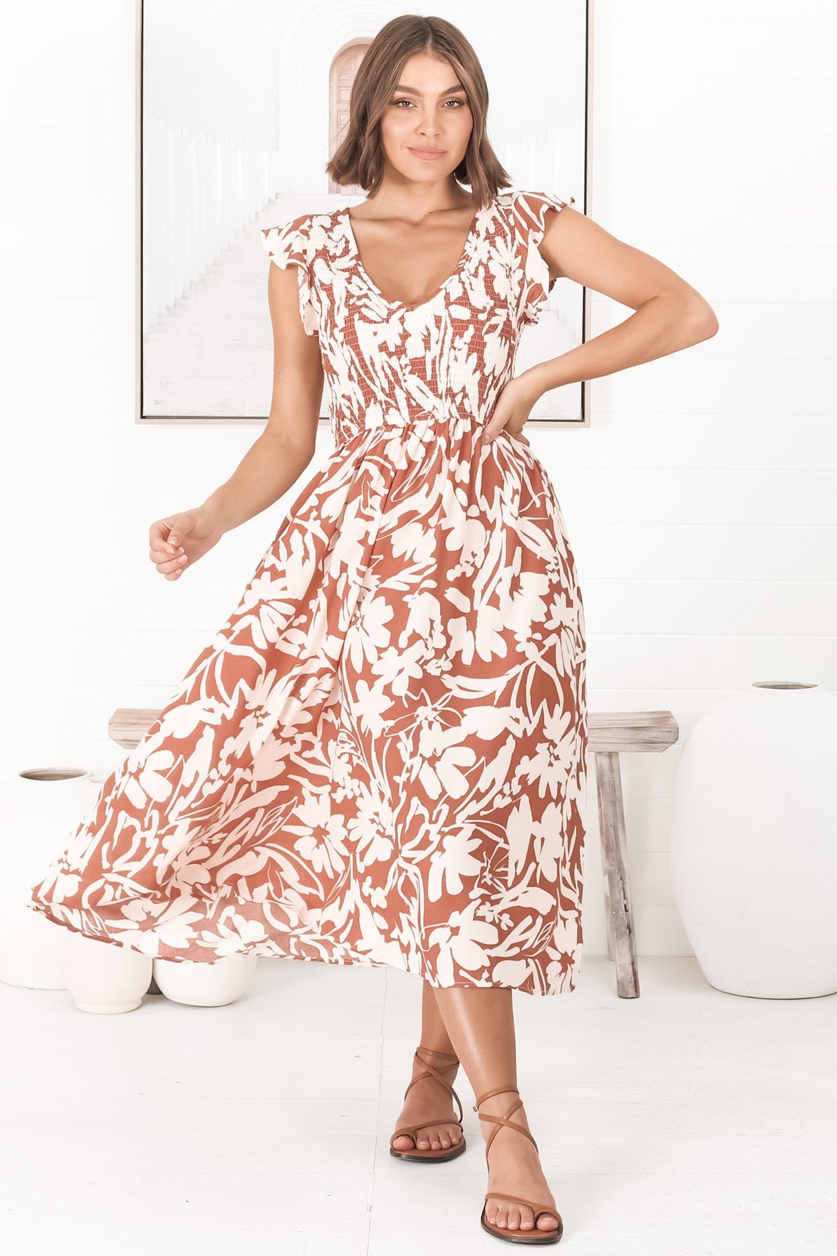 Mistee Midi Dress - Flutter Cap Sleeve Elasticated Bodice A Line Dress in Charis Print Rust