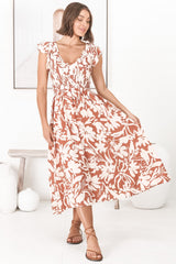 Mistee Midi Dress - Flutter Cap Sleeve Elasticated Bodice A Line Dress in Charis Print Rust