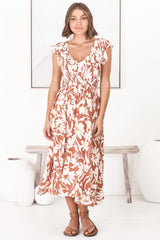 Mistee Midi Dress - Flutter Cap Sleeve Elasticated Bodice A Line Dress in Charis Print Rust