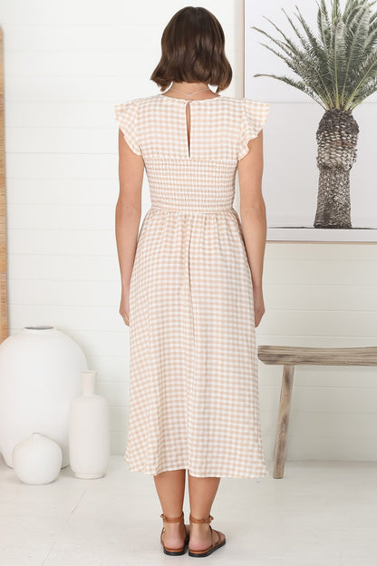 Mistee Midi Dress - Flutter Cap Sleeve Elasticated Bodice A Line Dress in Gingham Print Beige