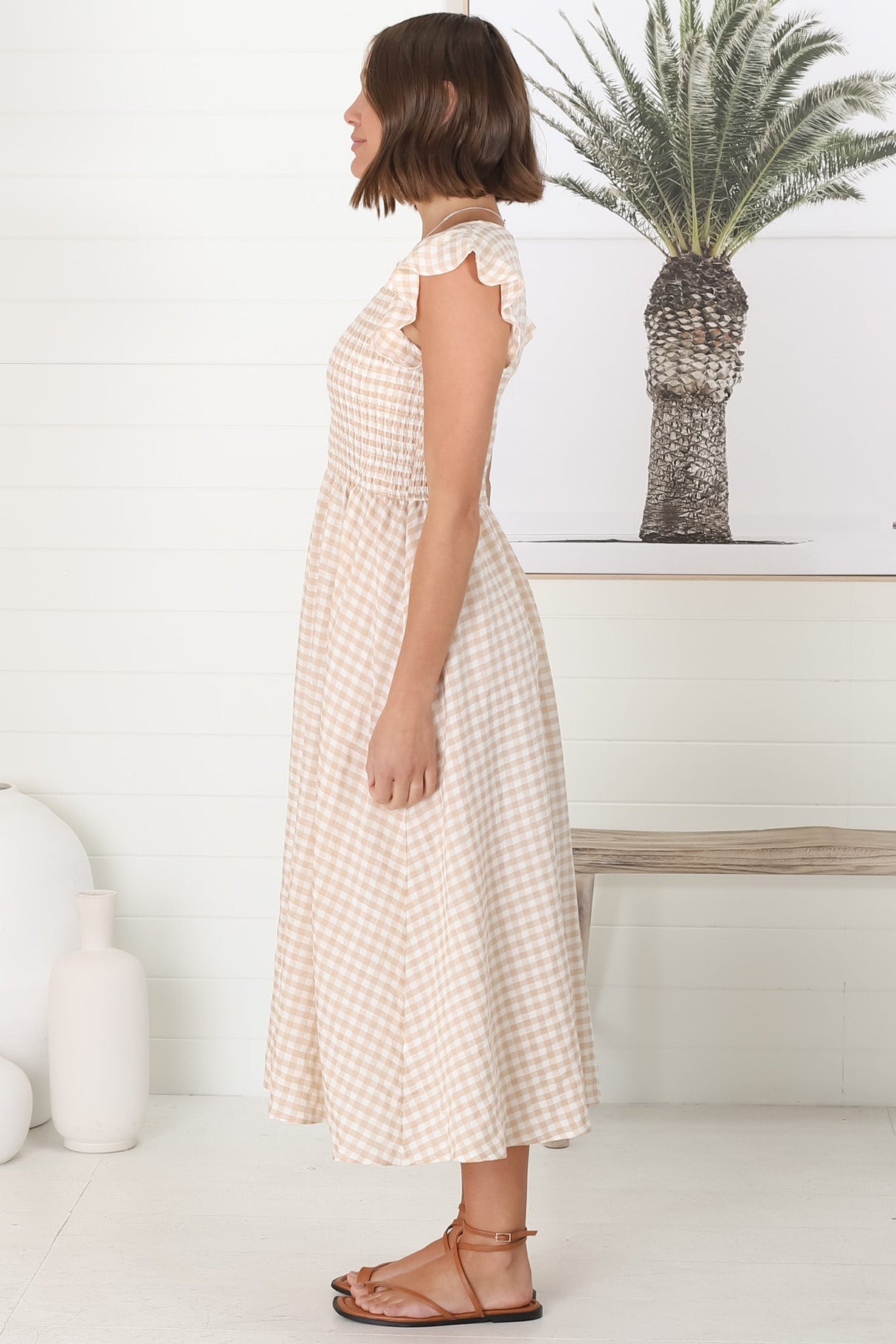 Mistee Midi Dress - Flutter Cap Sleeve Elasticated Bodice A Line Dress in Gingham Print Beige