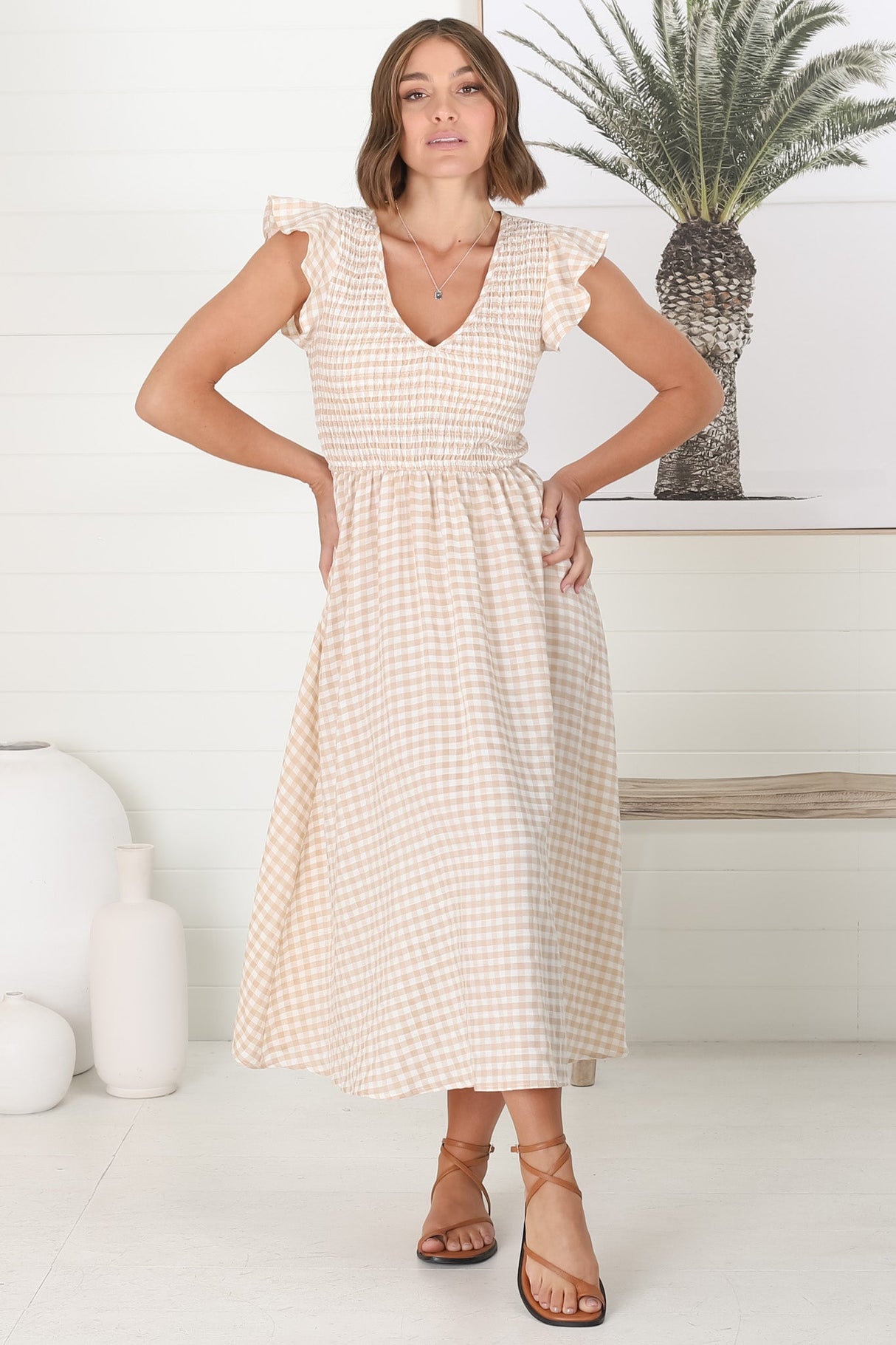 Mistee Midi Dress - Flutter Cap Sleeve Elasticated Bodice A Line Dress in Gingham Print Beige