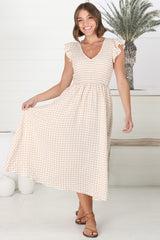 Mistee Midi Dress - Flutter Cap Sleeve Elasticated Bodice A Line Dress in Gingham Print Beige