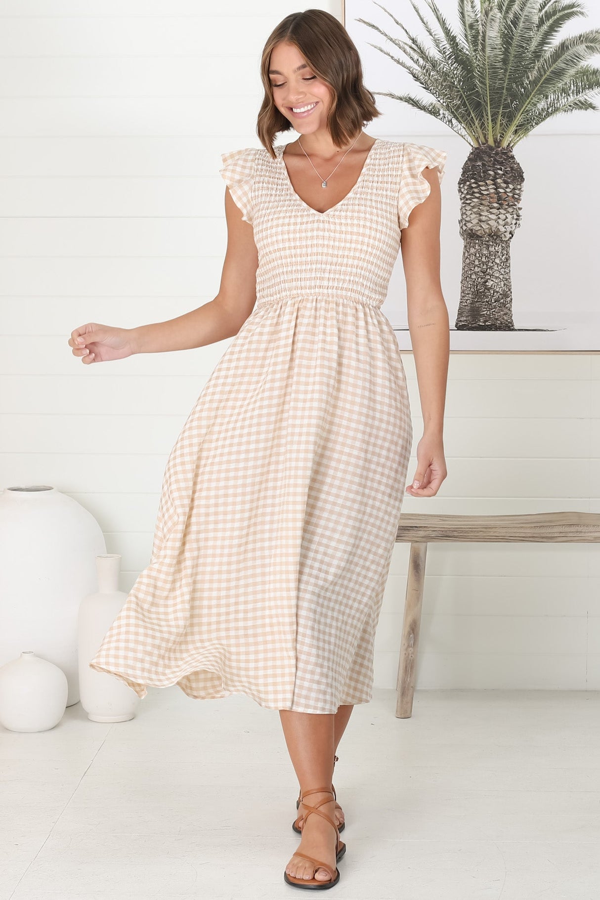 Mistee Midi Dress - Flutter Cap Sleeve Elasticated Bodice A Line Dress in Gingham Print Beige