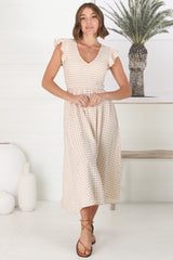 Mistee Midi Dress - Flutter Cap Sleeve Elasticated Bodice A Line Dress in Gingham Print Beige