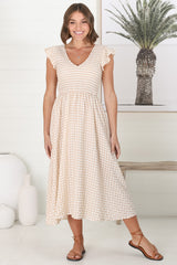 Mistee Midi Dress - Flutter Cap Sleeve Elasticated Bodice A Line Dress in Gingham Print Beige