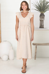 Mistee Midi Dress - Flutter Cap Sleeve Elasticated Bodice A Line Dress in Gingham Print Beige