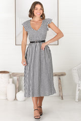 Mistee Midi Dress - Flutter Cap Sleeve Elasticated Bodice A Line Dress in Gingham Print Black