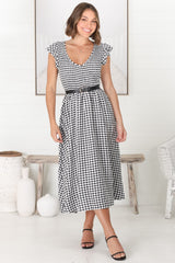 Mistee Midi Dress - Flutter Cap Sleeve Elasticated Bodice A Line Dress in Gingham Print Black