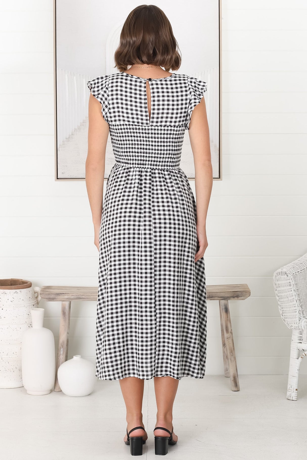 Mistee Midi Dress - Flutter Cap Sleeve Elasticated Bodice A Line Dress in Gingham Print Black