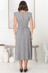 Mistee Midi Dress - Flutter Cap Sleeve Elasticated Bodice A Line Dress in Gingham Print Black