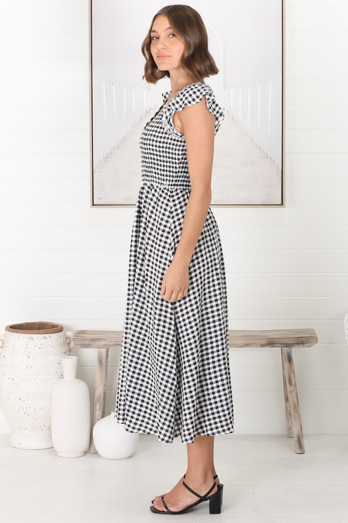 Mistee Midi Dress - Flutter Cap Sleeve Elasticated Bodice A Line Dress in Gingham Print Black