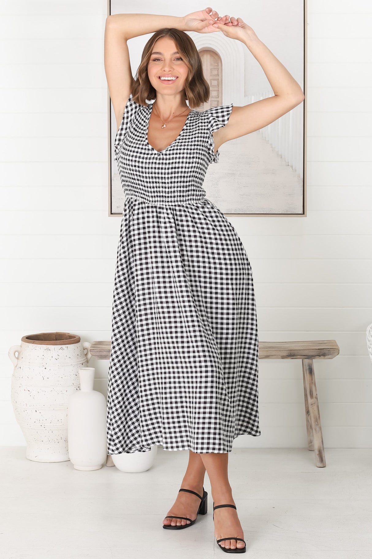 Mistee Midi Dress - Flutter Cap Sleeve Elasticated Bodice A Line Dress in Gingham Print Black