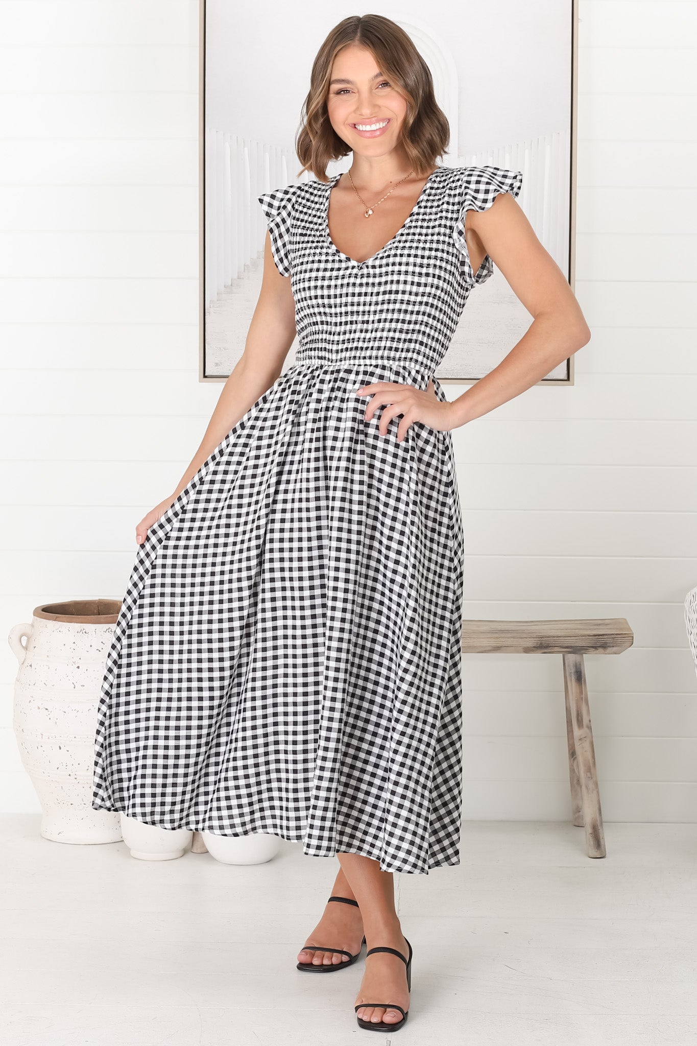 Mistee Midi Dress - Flutter Cap Sleeve Elasticated Bodice A Line Dress in Gingham Print Black