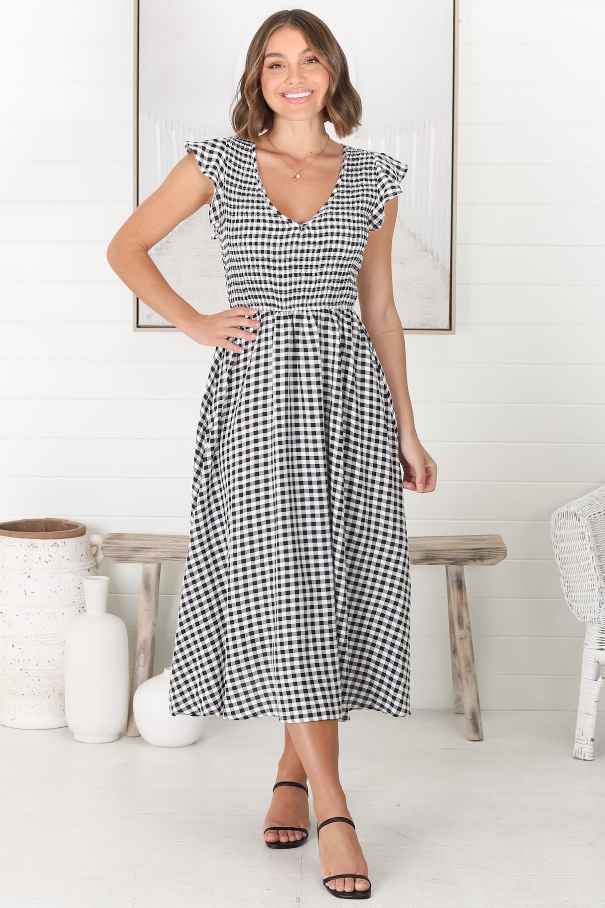 Mistee Midi Dress - Flutter Cap Sleeve Elasticated Bodice A Line Dress in Gingham Print Black