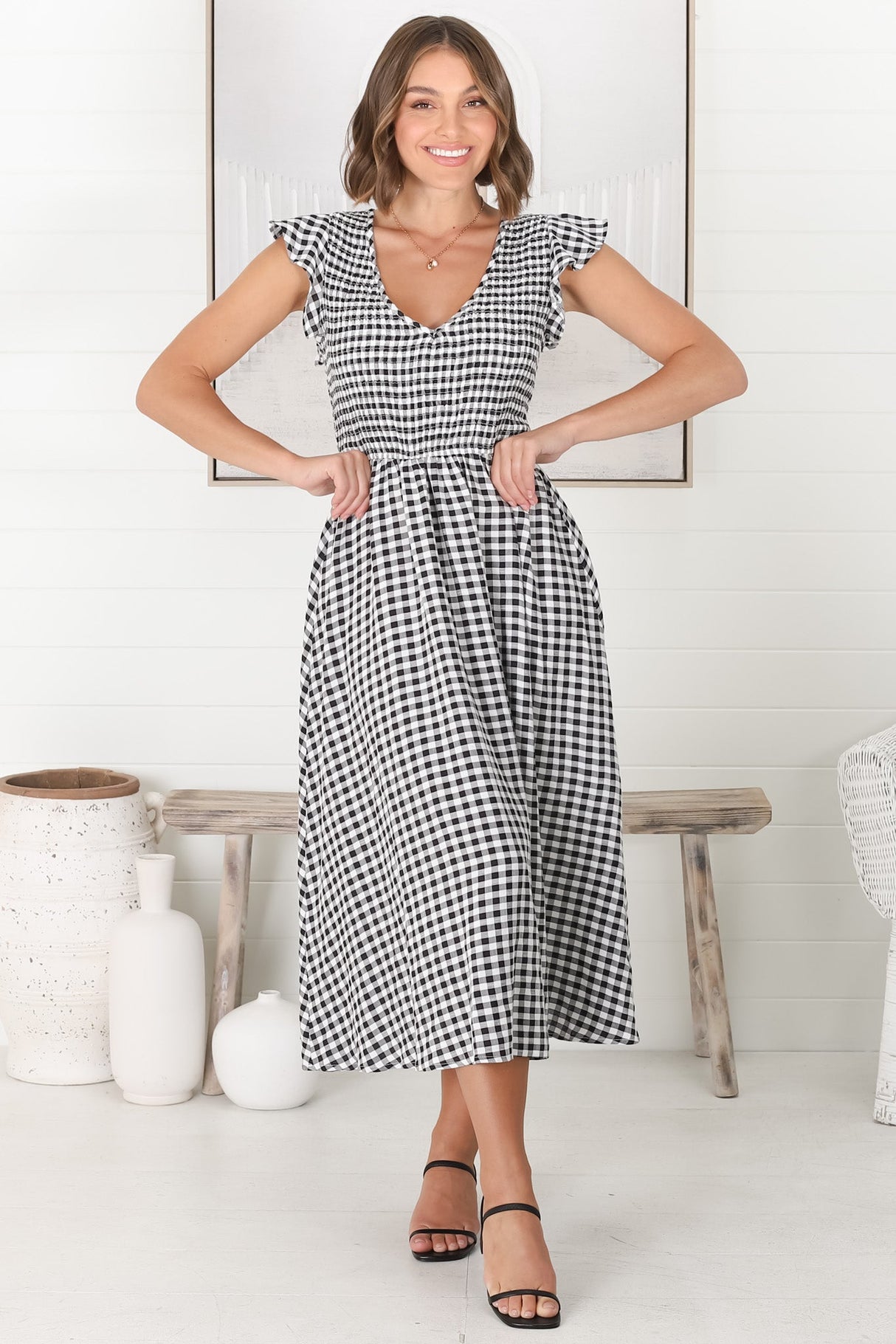 Mistee Midi Dress - Flutter Cap Sleeve Elasticated Bodice A Line Dress in Gingham Print Black