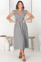 Mistee Midi Dress - Flutter Cap Sleeve Elasticated Bodice A Line Dress in Gingham Print Black