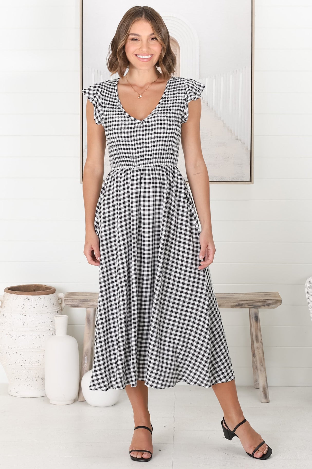 Mistee Midi Dress - Flutter Cap Sleeve Elasticated Bodice A Line Dress in Gingham Print Black