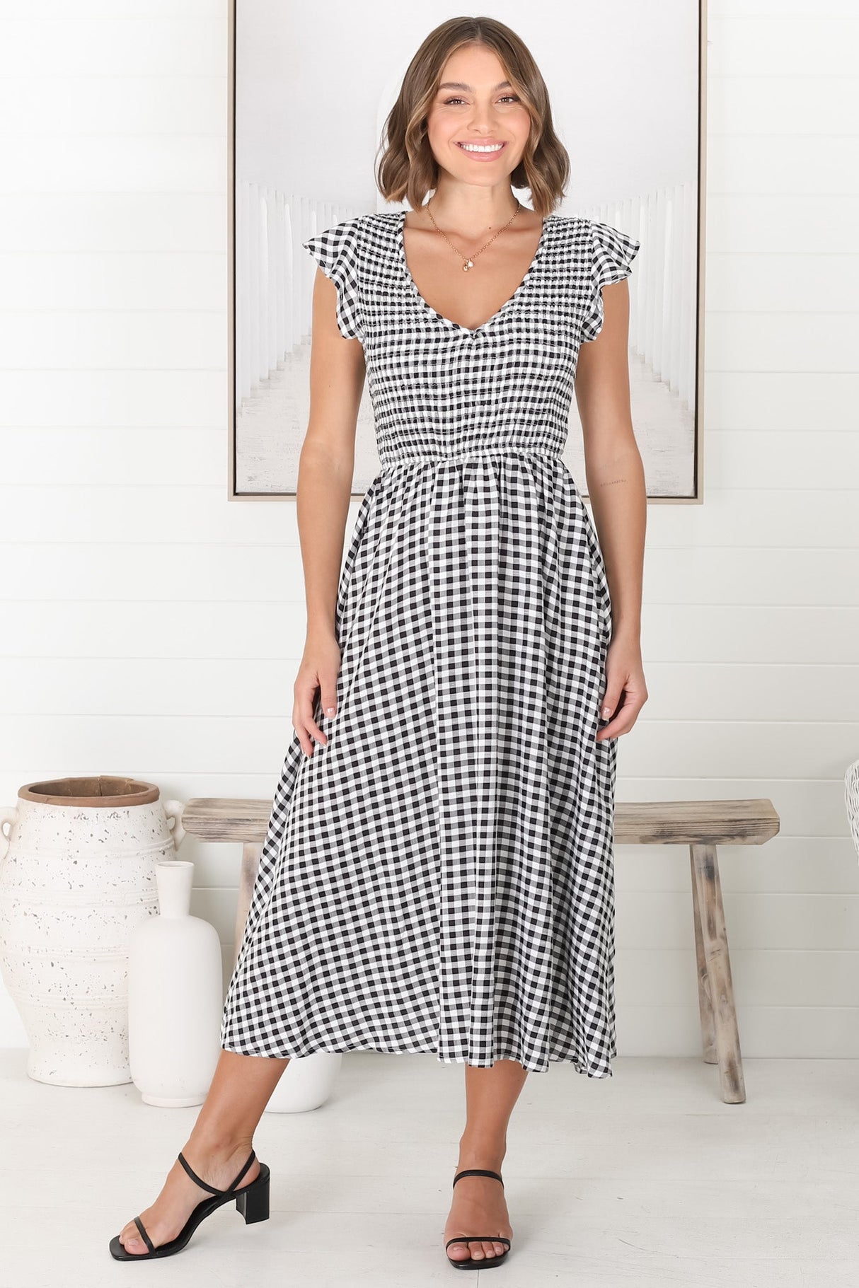 Mistee Midi Dress - Flutter Cap Sleeve Elasticated Bodice A Line Dress in Gingham Print Black