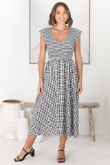 Mistee Midi Dress - Flutter Cap Sleeve Elasticated Bodice A Line Dress in Gingham Print Black