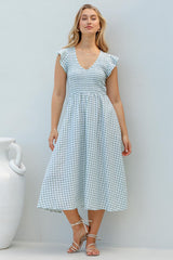 Mistee Midi Dress - Flutter Cap Sleeve Elasticated Bodice A Line Dress in Gingham Print Green