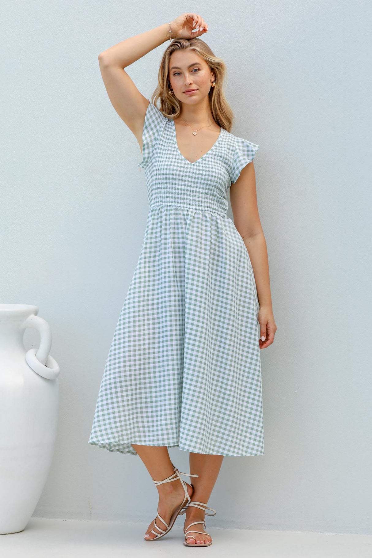 Mistee Midi Dress - Flutter Cap Sleeve Elasticated Bodice A Line Dress in Gingham Print Green