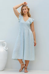 Mistee Midi Dress - Flutter Cap Sleeve Elasticated Bodice A Line Dress in Gingham Print Green