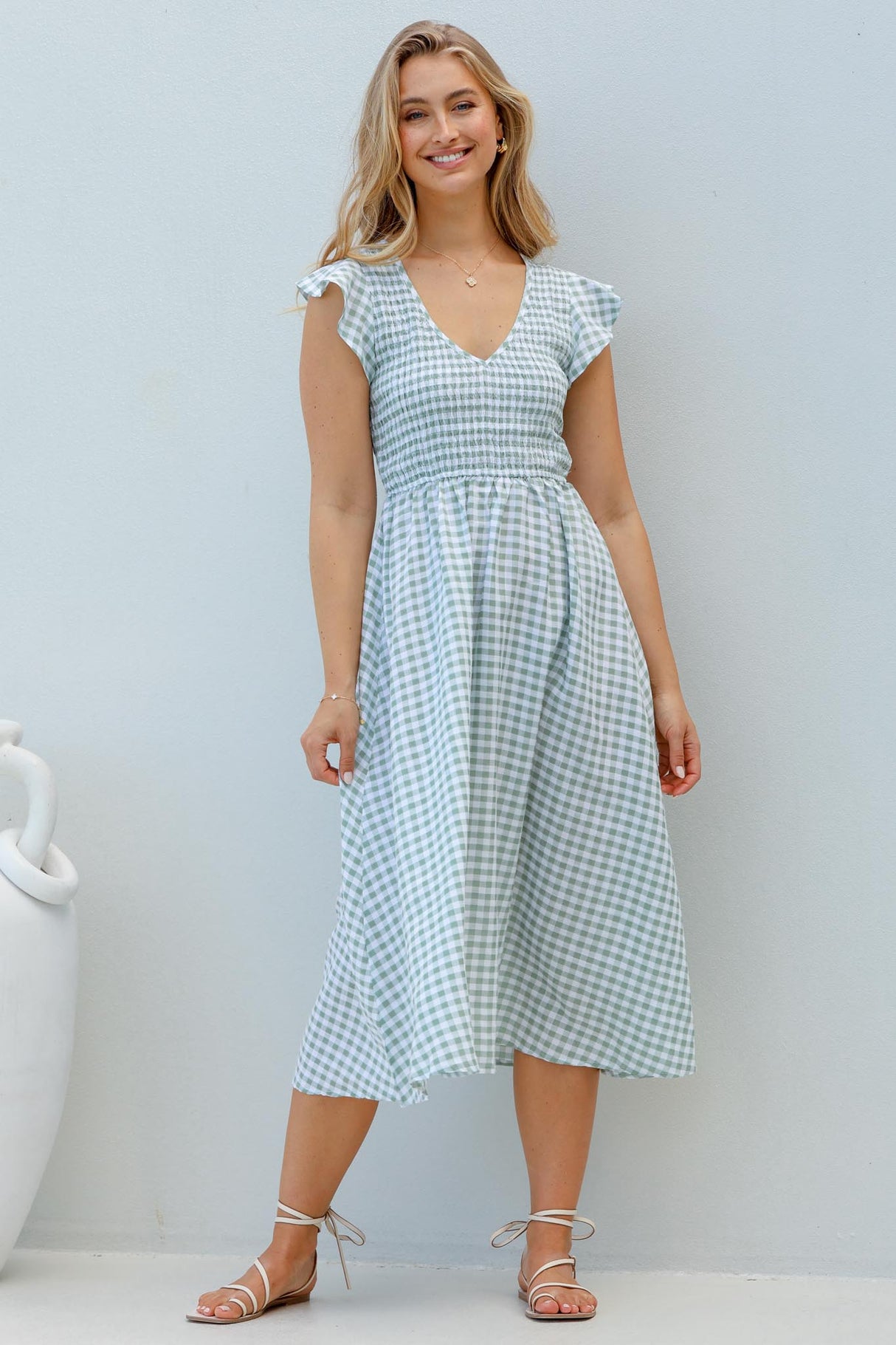 Mistee Midi Dress - Flutter Cap Sleeve Elasticated Bodice A Line Dress in Gingham Print Green