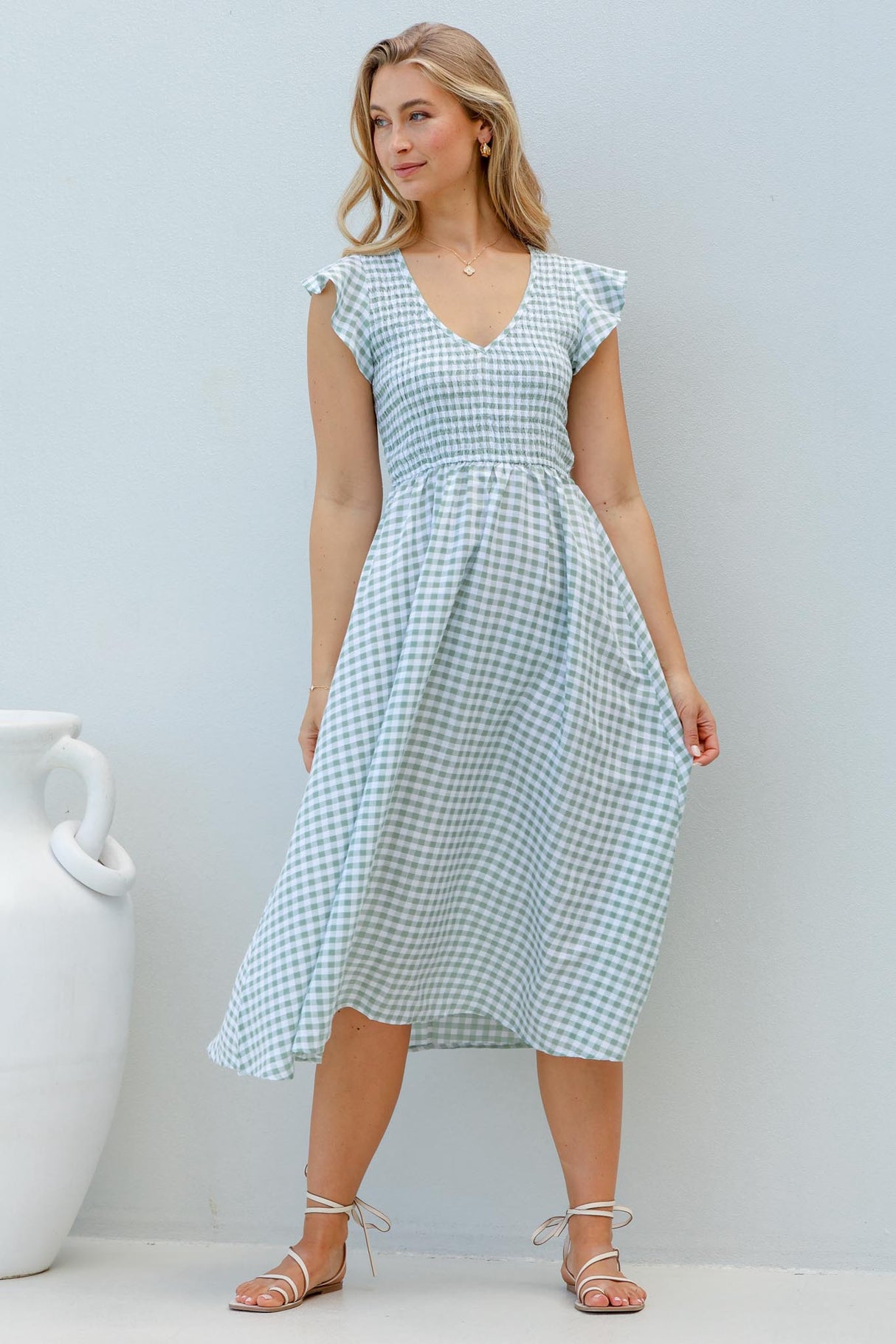 Mistee Midi Dress - Flutter Cap Sleeve Elasticated Bodice A Line Dress in Gingham Print Green