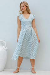 Mistee Midi Dress - Flutter Cap Sleeve Elasticated Bodice A Line Dress in Gingham Print Green