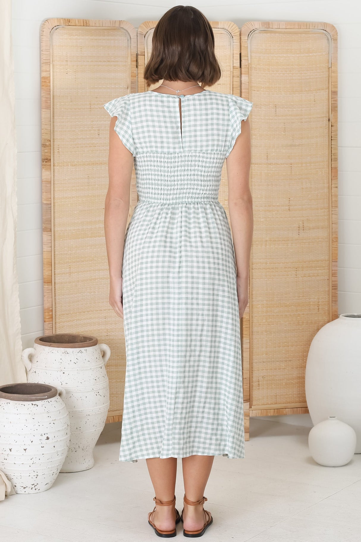 Mistee Midi Dress - Flutter Cap Sleeve Elasticated Bodice A Line Dress in Gingham Print Green