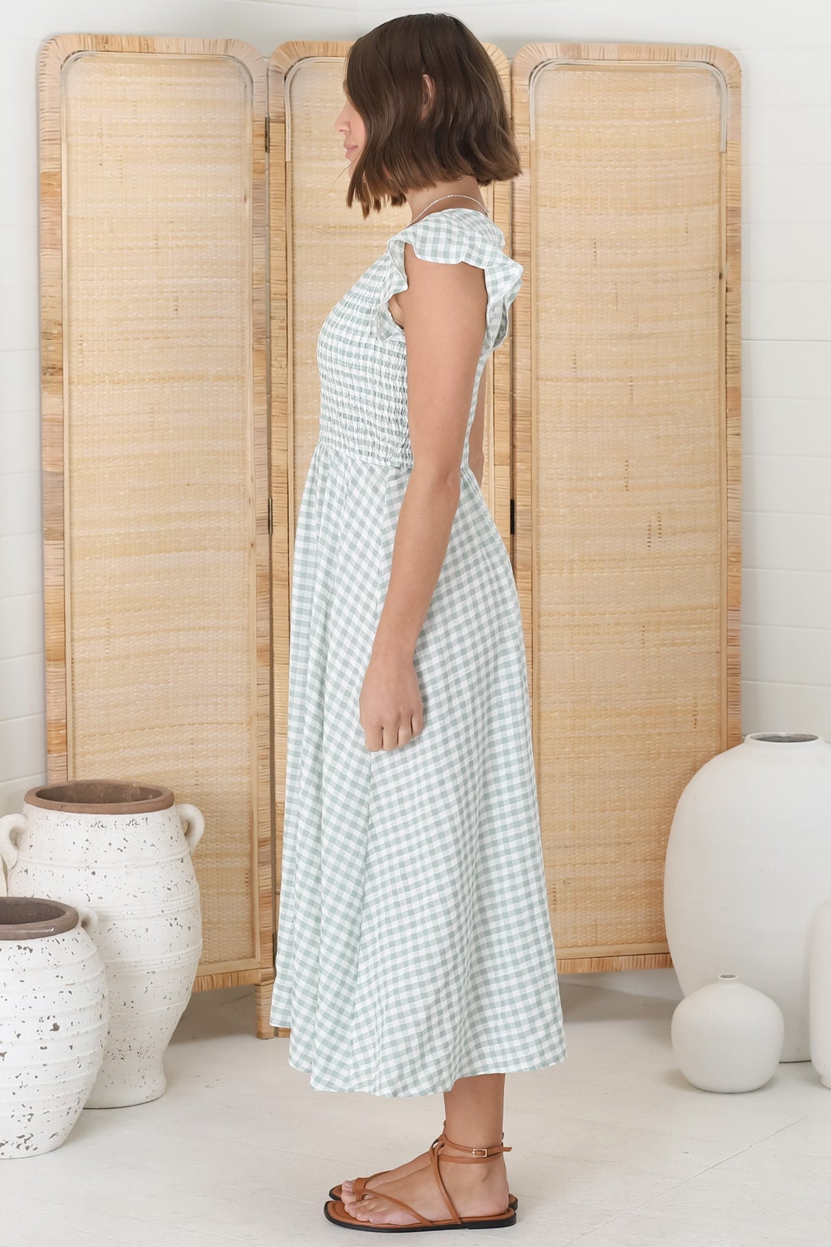 Mistee Midi Dress - Flutter Cap Sleeve Elasticated Bodice A Line Dress in Gingham Print Green