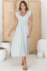 Mistee Midi Dress - Flutter Cap Sleeve Elasticated Bodice A Line Dress in Gingham Print Green