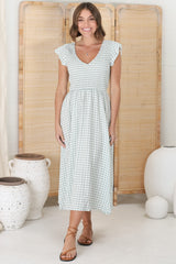 Mistee Midi Dress - Flutter Cap Sleeve Elasticated Bodice A Line Dress in Gingham Print Green