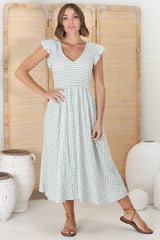 Mistee Midi Dress - Flutter Cap Sleeve Elasticated Bodice A Line Dress in Gingham Print Green