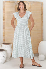 Mistee Midi Dress - Flutter Cap Sleeve Elasticated Bodice A Line Dress in Gingham Print Green