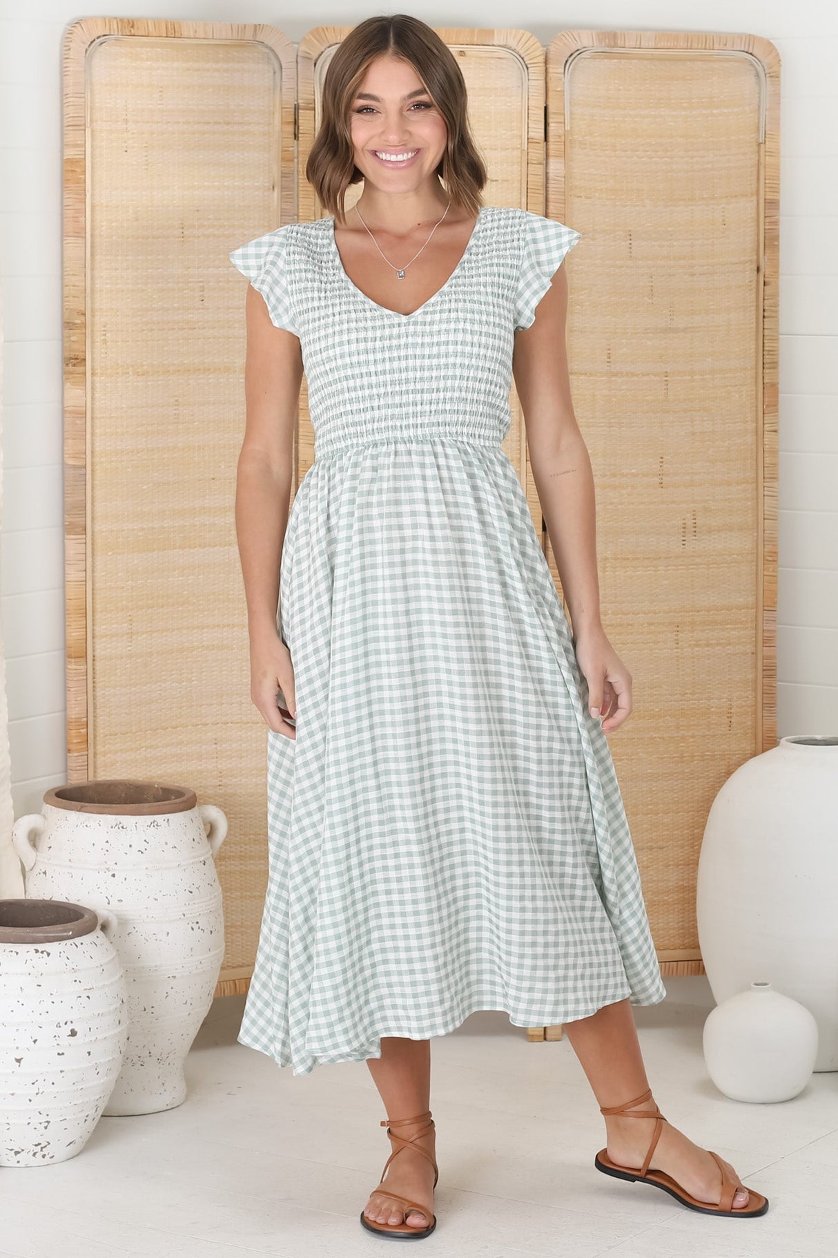 Mistee Midi Dress - Flutter Cap Sleeve Elasticated Bodice A Line Dress in Gingham Print Green