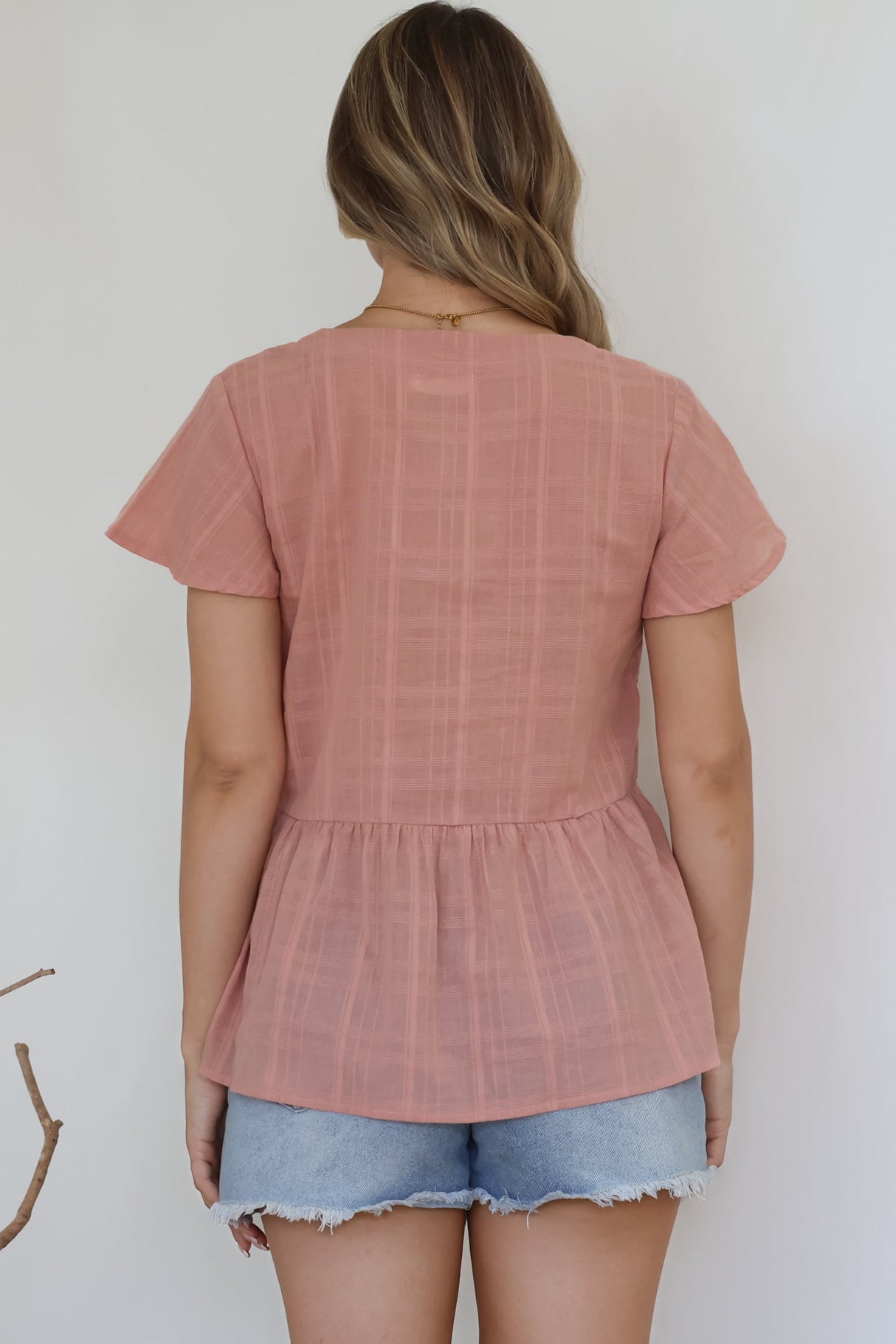 Mitzy Top - Textured Button Down Top with Cap Sleeves in Blush