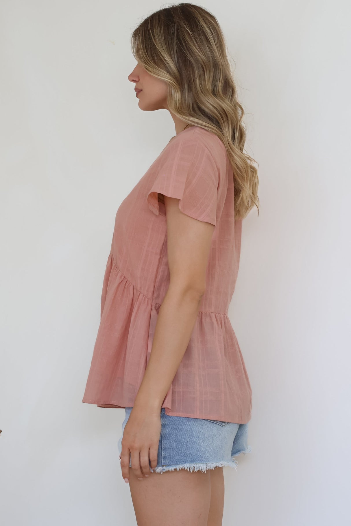 Mitzy Top - Textured Button Down Top with Cap Sleeves in Blush
