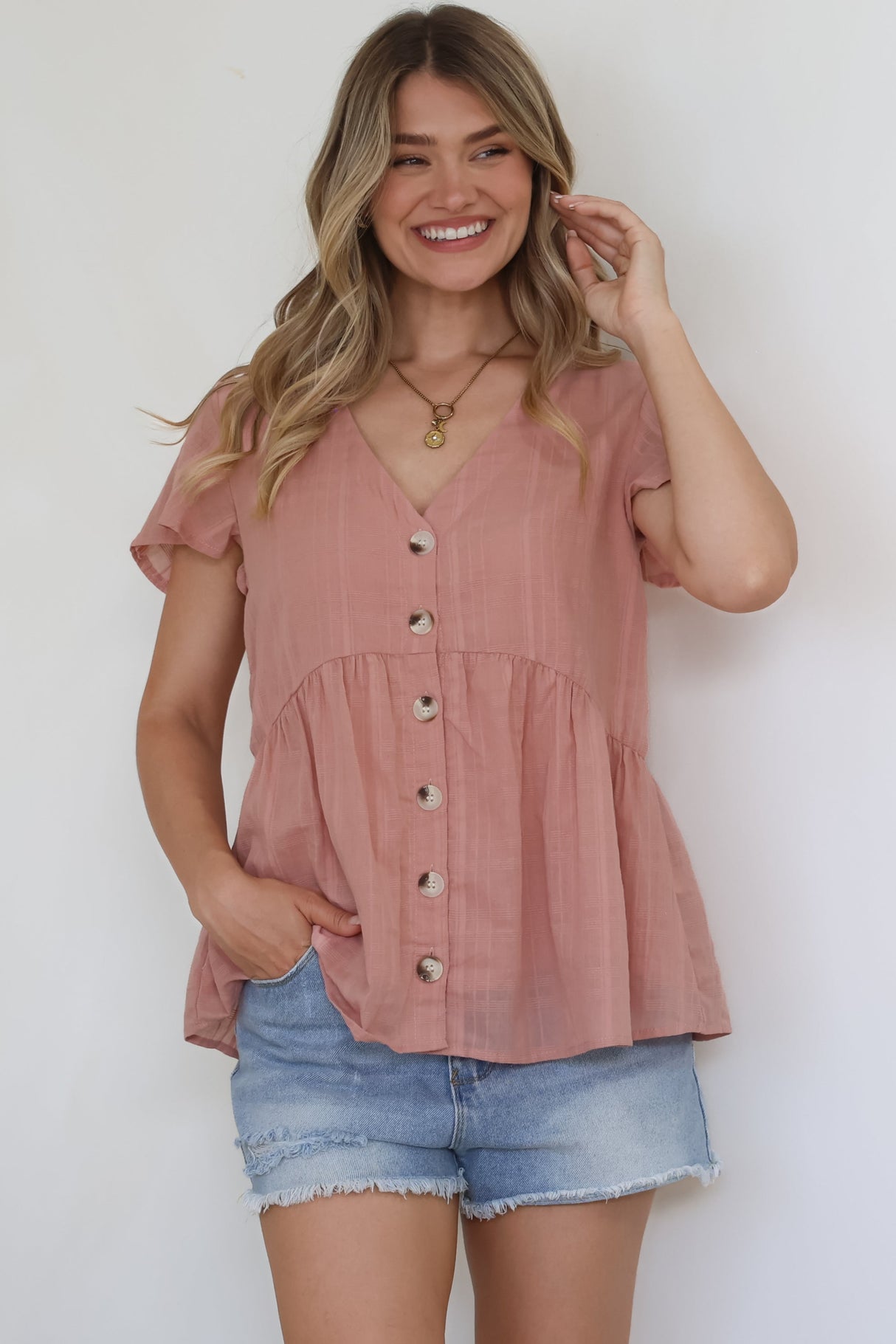 Mitzy Top - Textured Button Down Top with Cap Sleeves in Blush